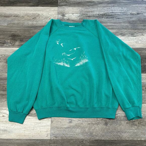 Vintage 1985 Hanes Blue Green Mens XL Nature Flying Birds Crewneck Pullover 80s - Picture 3 of 9